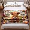 Highland Cow Theme Soft Blanket Personalized Custom Name Text Print Warm Blanket Home Sofa Bedroom Decor