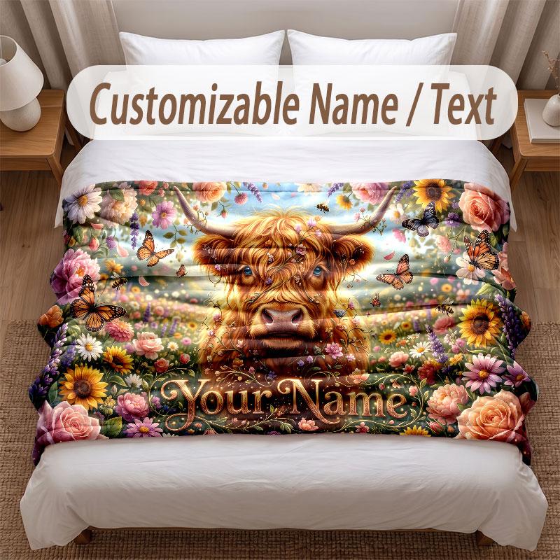 Highland Cow Theme Soft Blanket Personalized Custom Name Text Print Warm Blanket Home Sofa Bedroom Decor