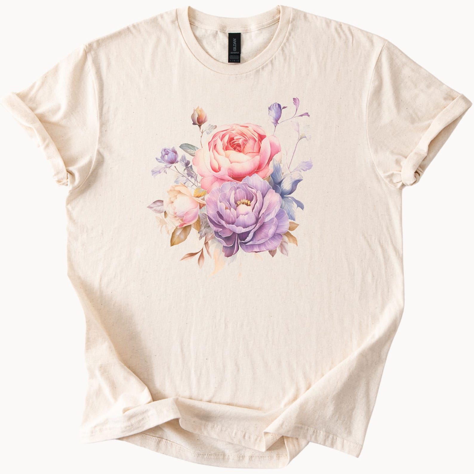 Floral Graphic T Shirt with Pink and Purple Peony Rose Bouquet Watercolor Flower Art Soft Cream Tee Botanical Shirt Gift for Her 150