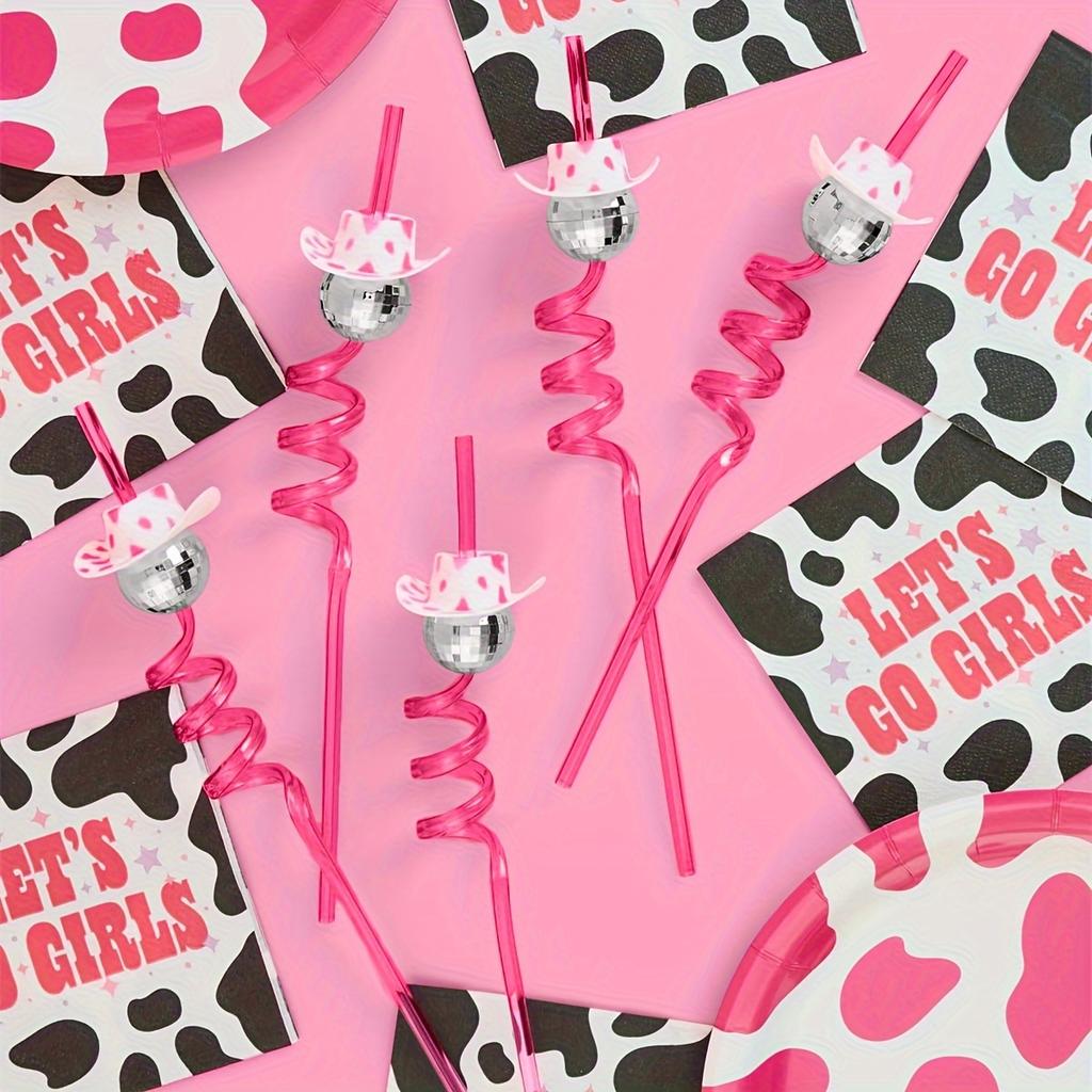 10/20pcs Reusable Disco Straws with Pink Cowboy Toppers Drinking Straw Set for Themed Events Anniversary Party Decor Supplies
