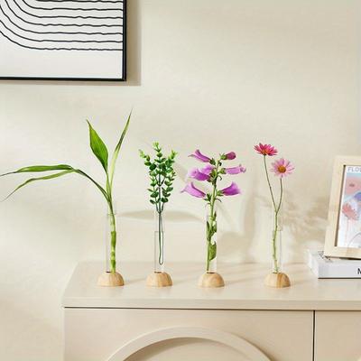 1Pc Bamboo Base Plastic Tube Hydroponic Small Vase Flower Arrangement, for Home Decoration Ornaments Living Room Dining Table Study Office Ornaments