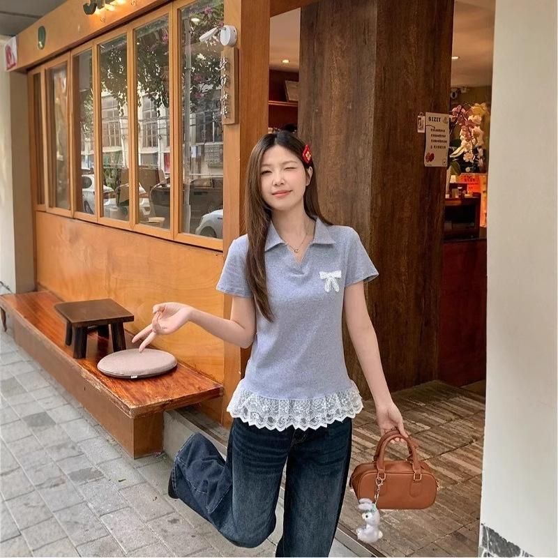 Plus Size Lace Hem Bow Collar Short Sleeve Top for Women - Summer Slimming Polo Style