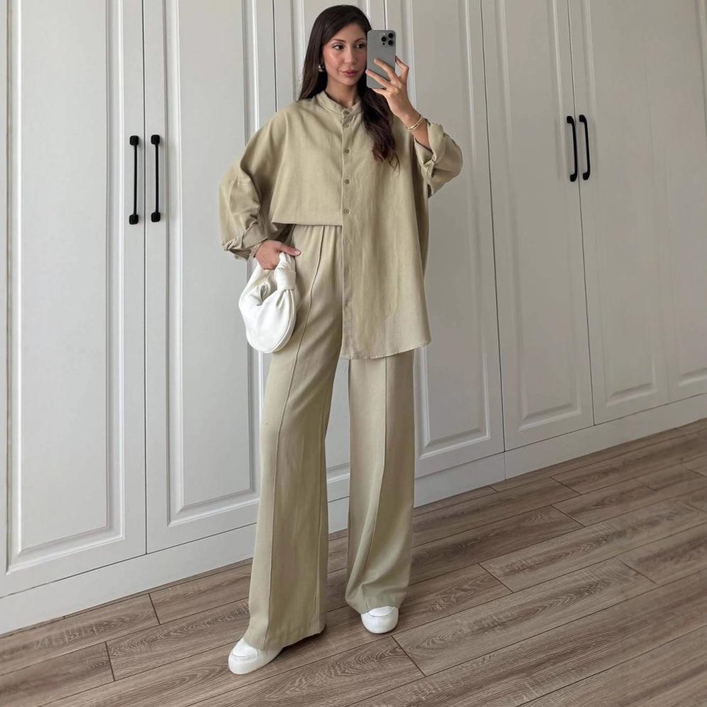 2025 Summer Slimming Short-Sleeve Button Top & Wide-Leg Pants Set