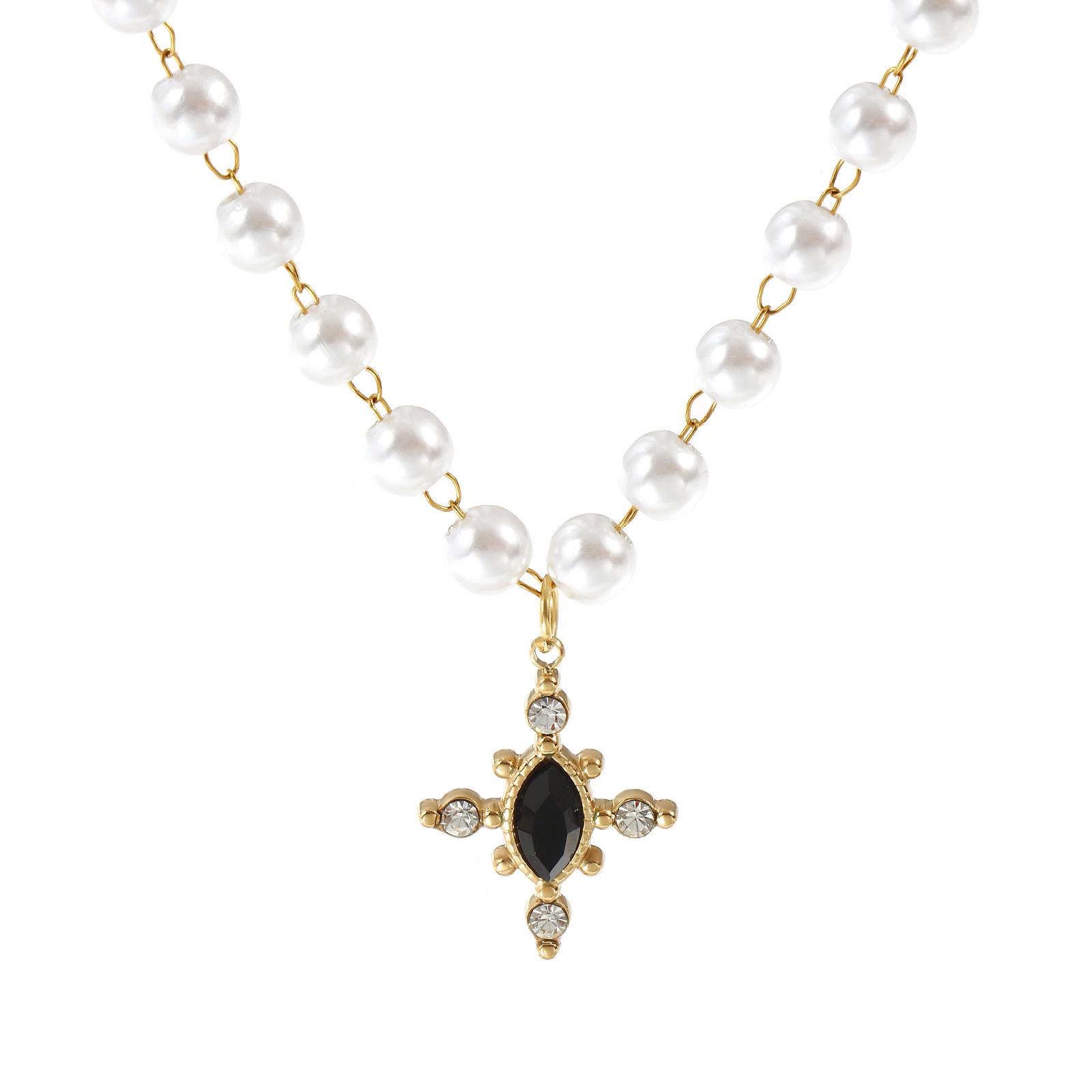 

1 PC Gold Plated Clear Rhinestone Acrylic Imitation Pearl Beaded Chain Cross Pendant Necklace For Women Fashion Jewelry 45cm чорний