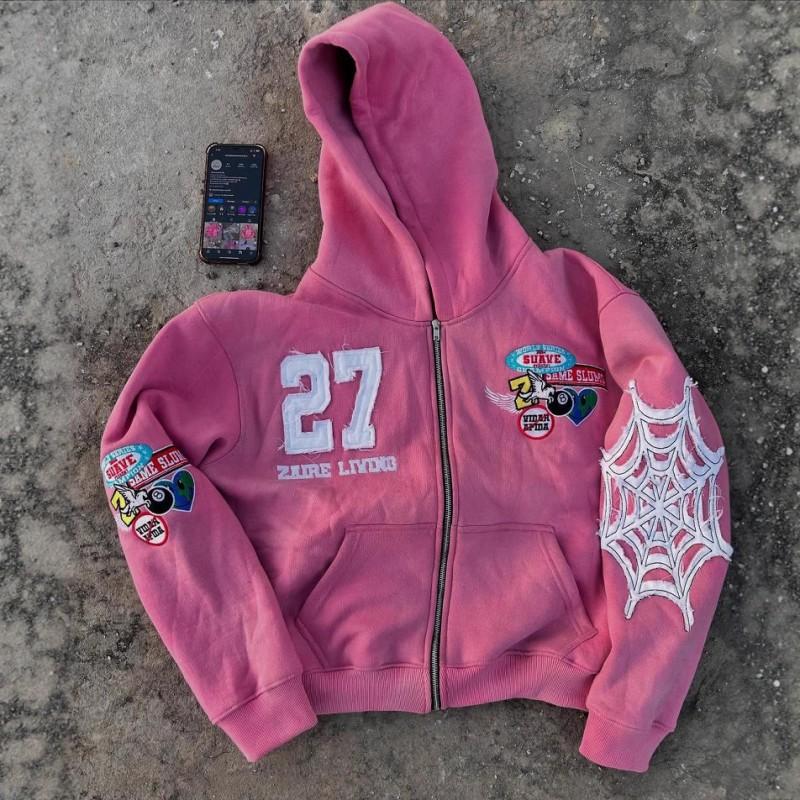 Y2K Zip-Up Hoodie Mens American Style Letter 3D Print Loose Fit Casual Sweatshirt