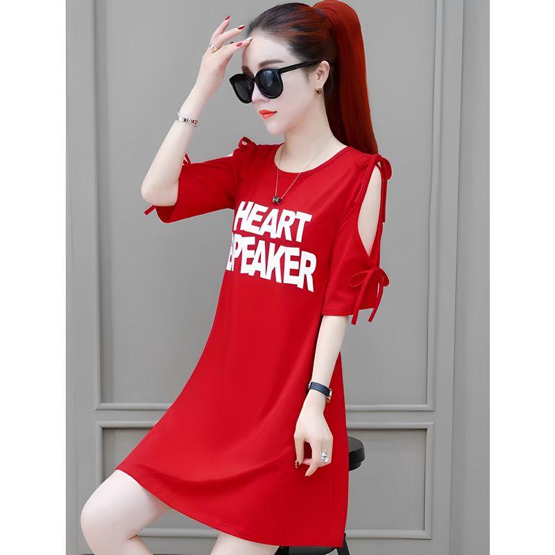 

100% Pure Cotton 2025 Summer New Arrival K-style Loose Plus Size Fashionable Hiding Fat Short Sleeve off-Shoulder Dress T-shirt Skirt Red 4XL Recommended 80.00 kg-90.00 kg