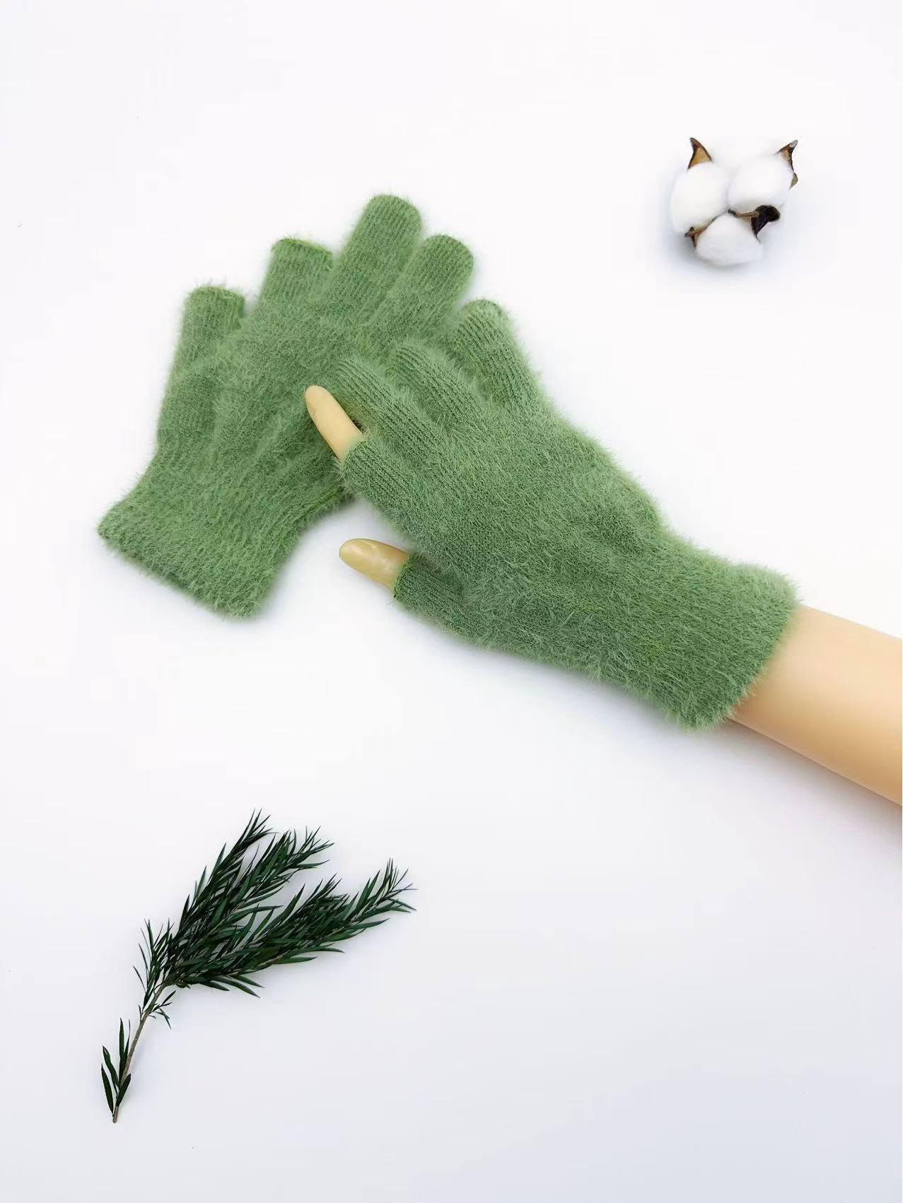 

В язані рукавички з оксамитовою підкладкою: Відкриті пальці, Повне покриття пальців, Стильний та теплий для осені/зими смарагдовий