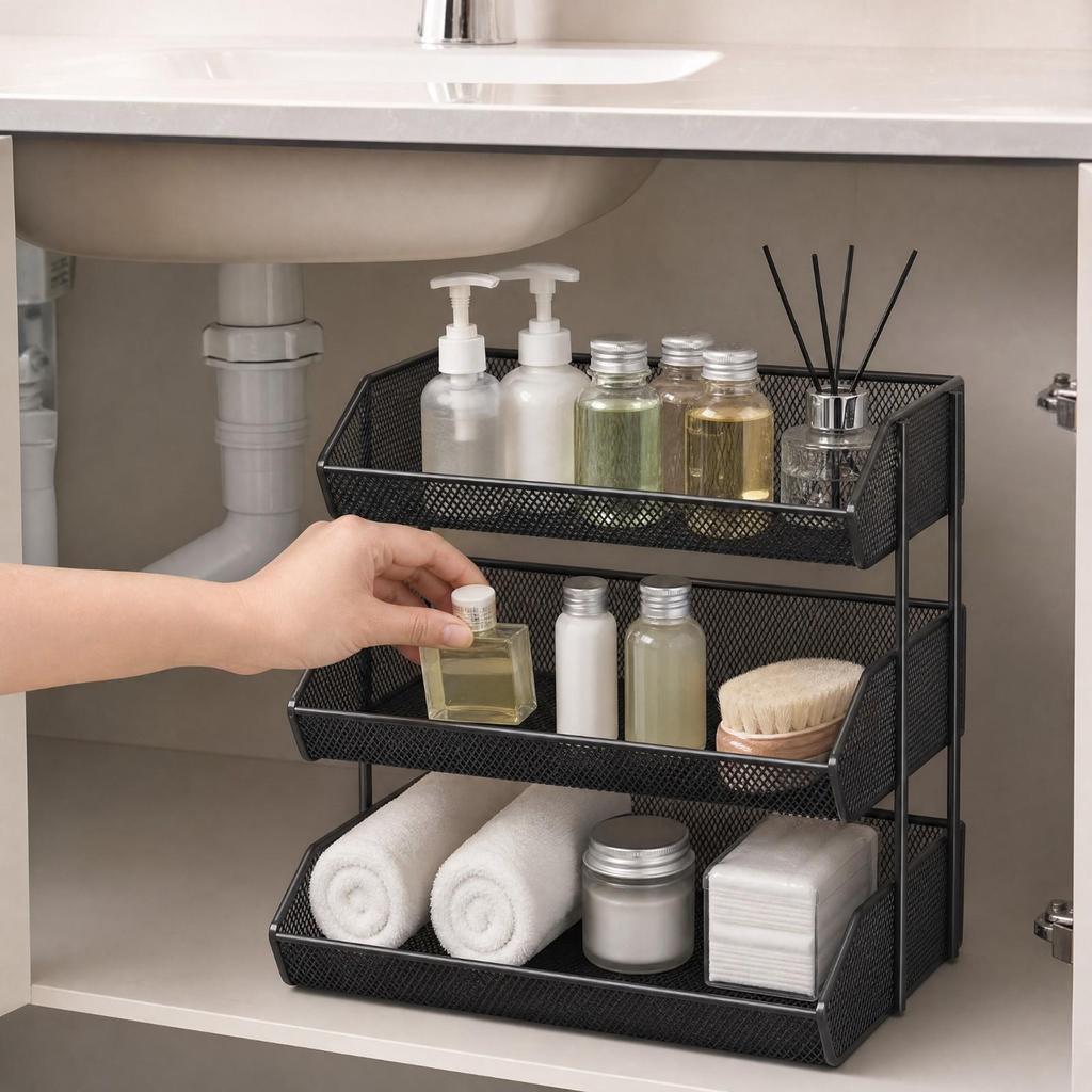 Versatile Freestanding Storage Rack with Raised Rails Space-Efficient Mesh Shelf