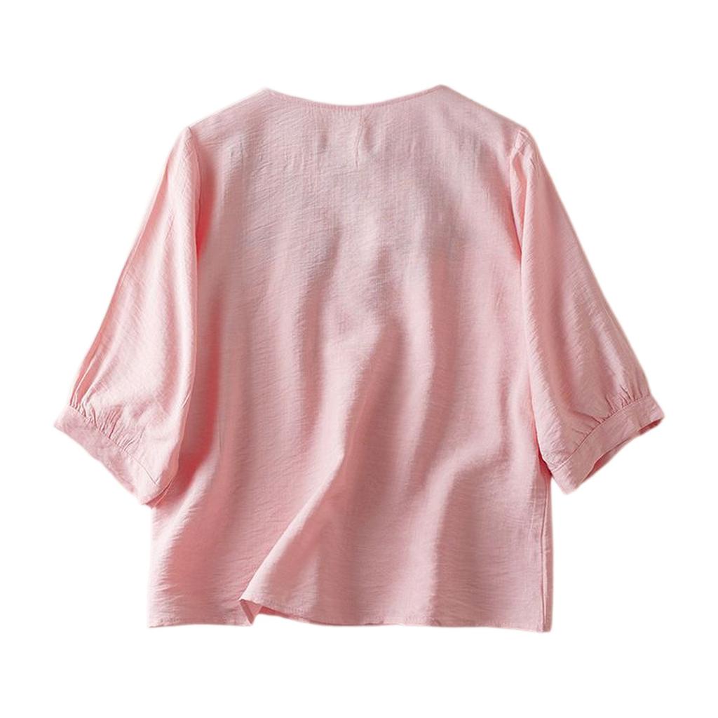 Women's Vintage Inspired Loose Fit Mid-Sleeve Cotton Linen Blend Embroidered Top