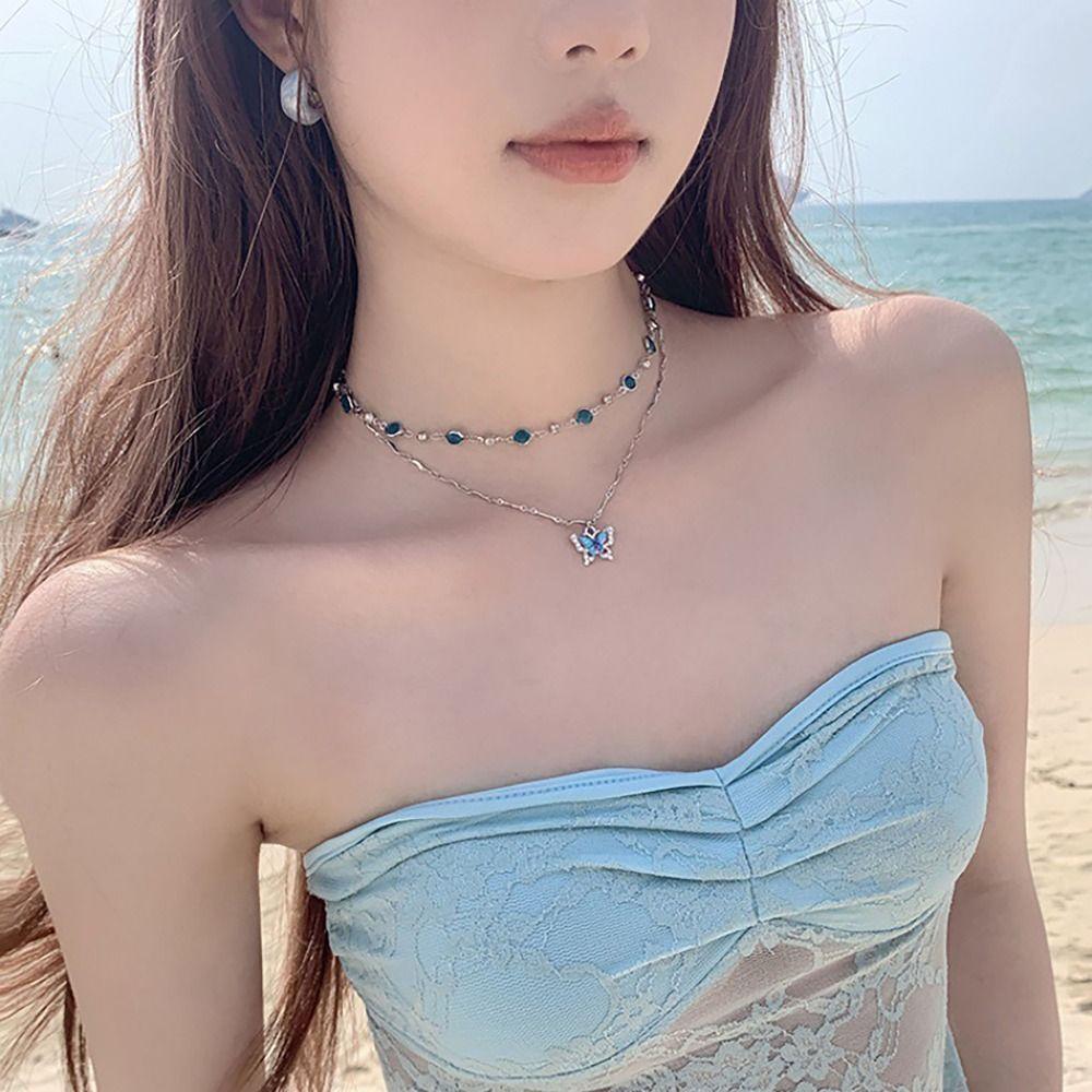 

INS Style Clavicle Chain Rhinestone Stacking Necklace Shiny Butterfly Pendant Necklace Women