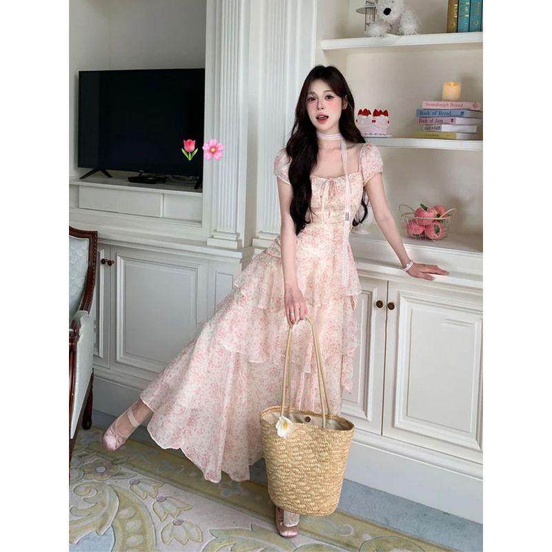 Dream Garden Summer New French Style Gentle Floral Irregular Skirt Long Dress Waist Hugging Slimming Dress