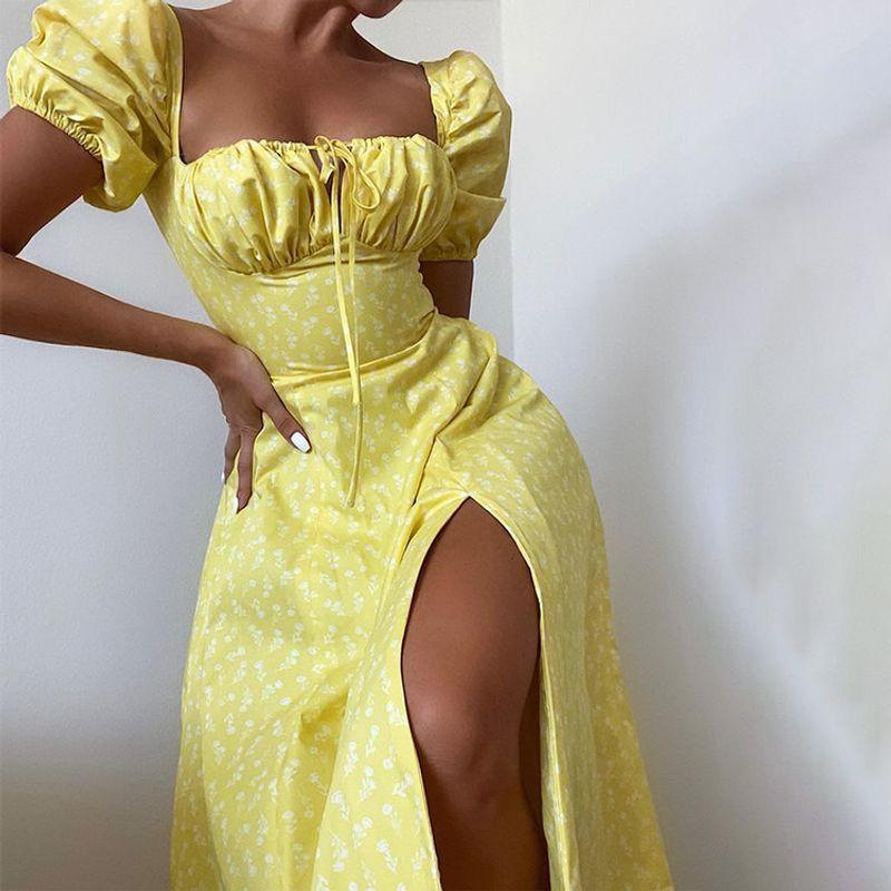 European and American Pastoral Style Sexy Square Collar Lace-up Small Floral Print Slim fit Puff sleeve Temperament High Slit Dress Women