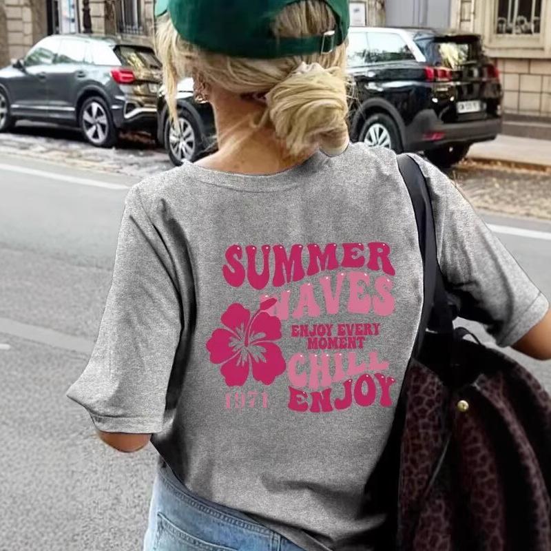 Women Fashion Crew Neck Short Sleeve Letter Print Sleeve T Shirt Top