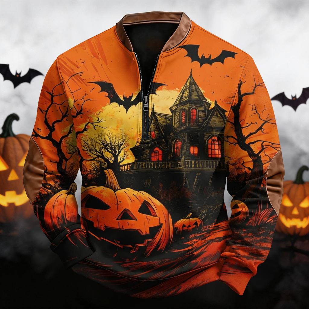Men's Casual Retro Half Zip Long Sleeve Sweatshirt with Halloween Print