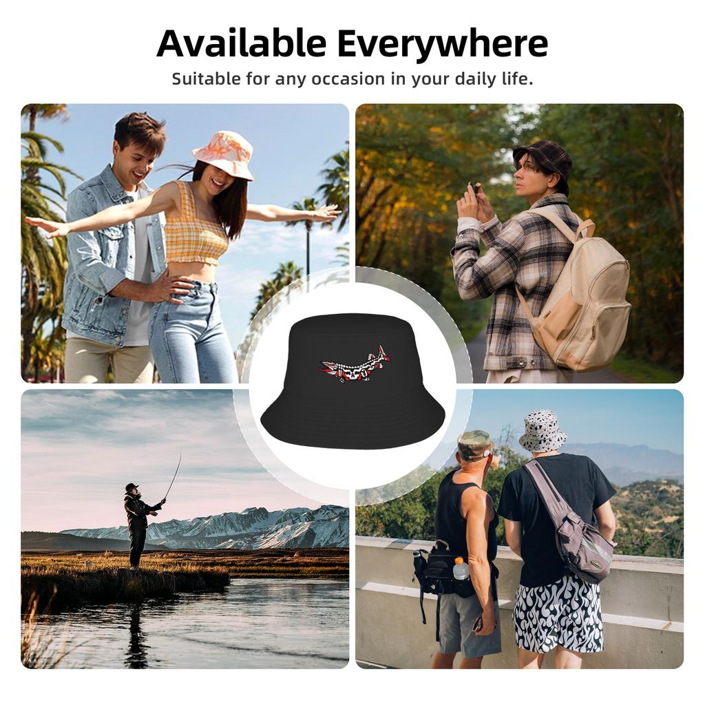 Alaskan Muskie Fish Bucket Hat  Hip Hop Fisherman Caps For Couple Korean Hunting Sun Hats Portable Design Cap