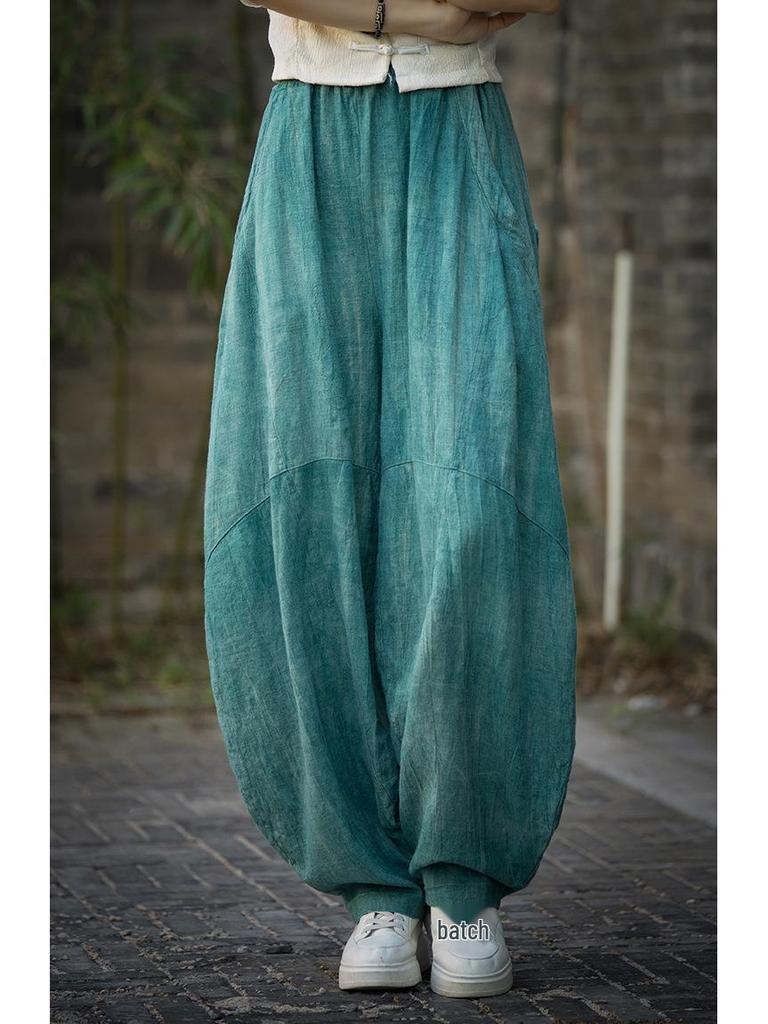 2025 Oryginalne Wysokiej Jakości Spodnie Casualowe Lantern Tie-Dye z Ramiączek - Luźne Szerokie Nogawki, Długie na Wiosnę/Lato