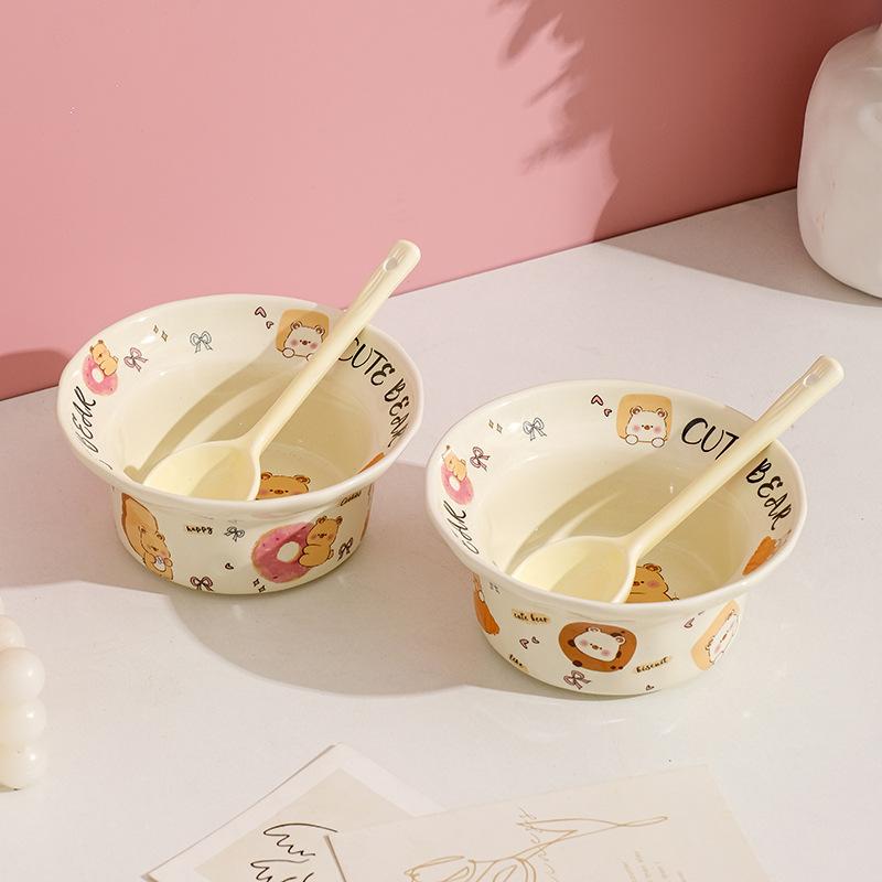 Cute Ceramic Dessert Bowl Round Cartoon Salad Bowl Tableware Household Eating Rice Bowl Dormitory Couple Bowl Spoon Set
