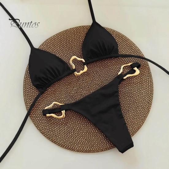 2Pcs/Set Women Bikini Set Sexy Solid Color Halter Bra High Waist Swimming Briefs Set Split Beach Swimwear