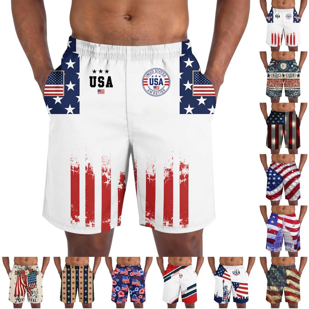 Lichte Ademende Sportshorts voor Mannen met Onafhankelijkheidsdag Print Elastische Taille Casual Losse Pasvorm Sportshorts