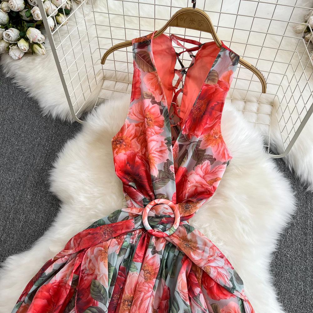 Γυναικείο Μποέμ V-λαιμόκοψη Ανοιχτή Πλάτη Μεσάτο Λεπτό Α γραμμής Φόρεμα με Βολάν και Πριτν Φόρεμα Μακρύ Μήκος Μάξι για Διακοπές στην Παραλία