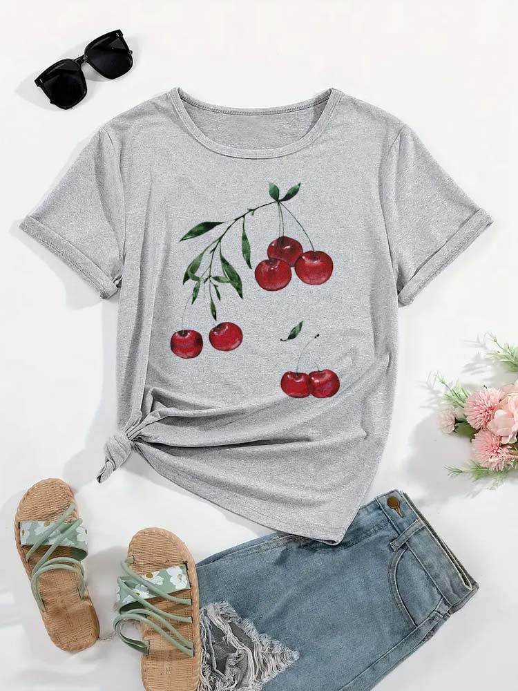 Lustiges rotes Kirschen-Print Damen T-Shirt 90er Jahre Mädchen Lässiges Kurzarm O-Ausschnitt Oberteil für Sommer Damenkleidung Oberteile