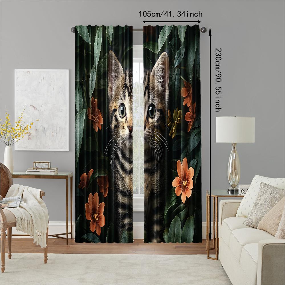 Set aus 2 vielseitigen transparenten Polyester-Vorhängen Heimdekoration Kätzchen Blumen Dschungel Verwendung Schlafzimmer Wohnzimmer Vorhang für das Wohnzimmer Hergestellt