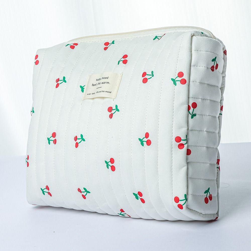 Retro Cherry Print Makeup Bag Cute Large Capacity Toiletry Bag Multifunctional Quilted Cotton Pencil Case Makeup Storage