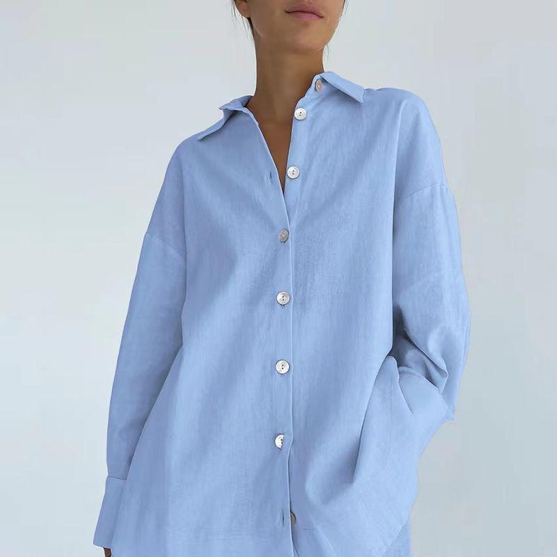 

Fashion Style Long Sleeves Shirt Shorts Loose Fashion Suit Long Sleeve Shirt Shorts Suit Blue L