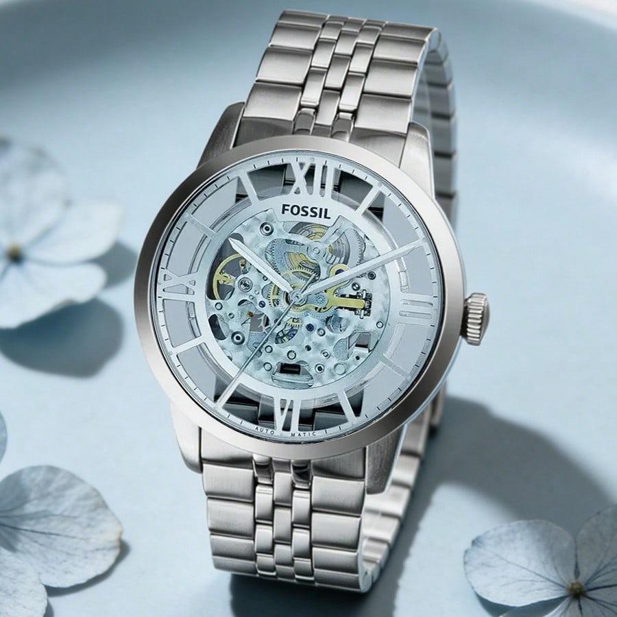 Fossil Townsmatic Automatic Skeleton Dial Men's Mechanical Watch,Stainless Steel Strap, Hollowed Out Dial,Suitable For Daily Wear, As A Gift ME3073
