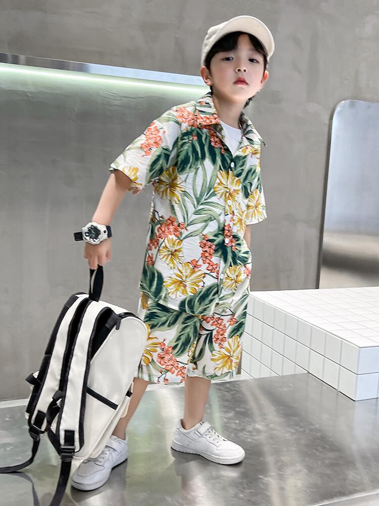 Boys' Hawaiian Floral Shirt & Shorts Set - Stylish Summer Beachwear for Kids