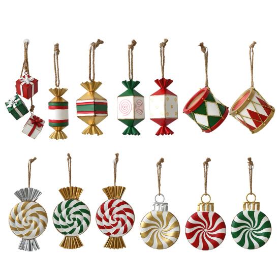 Metal Christmas Ornament Iron Gift Box/Candy/Drum Hanging Decorations for Christmas Tree Holiday Party Decor