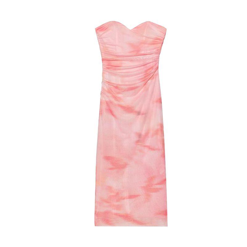 Spring New Women's Clothing Heart-Shaped Collar Ruched Decorative Blooming Print Silk Net Tube Top Dress 3152353