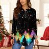 Women's Fashionable Loose-Fit Button-Down Collar Christmas Print Long-Sleeved Top