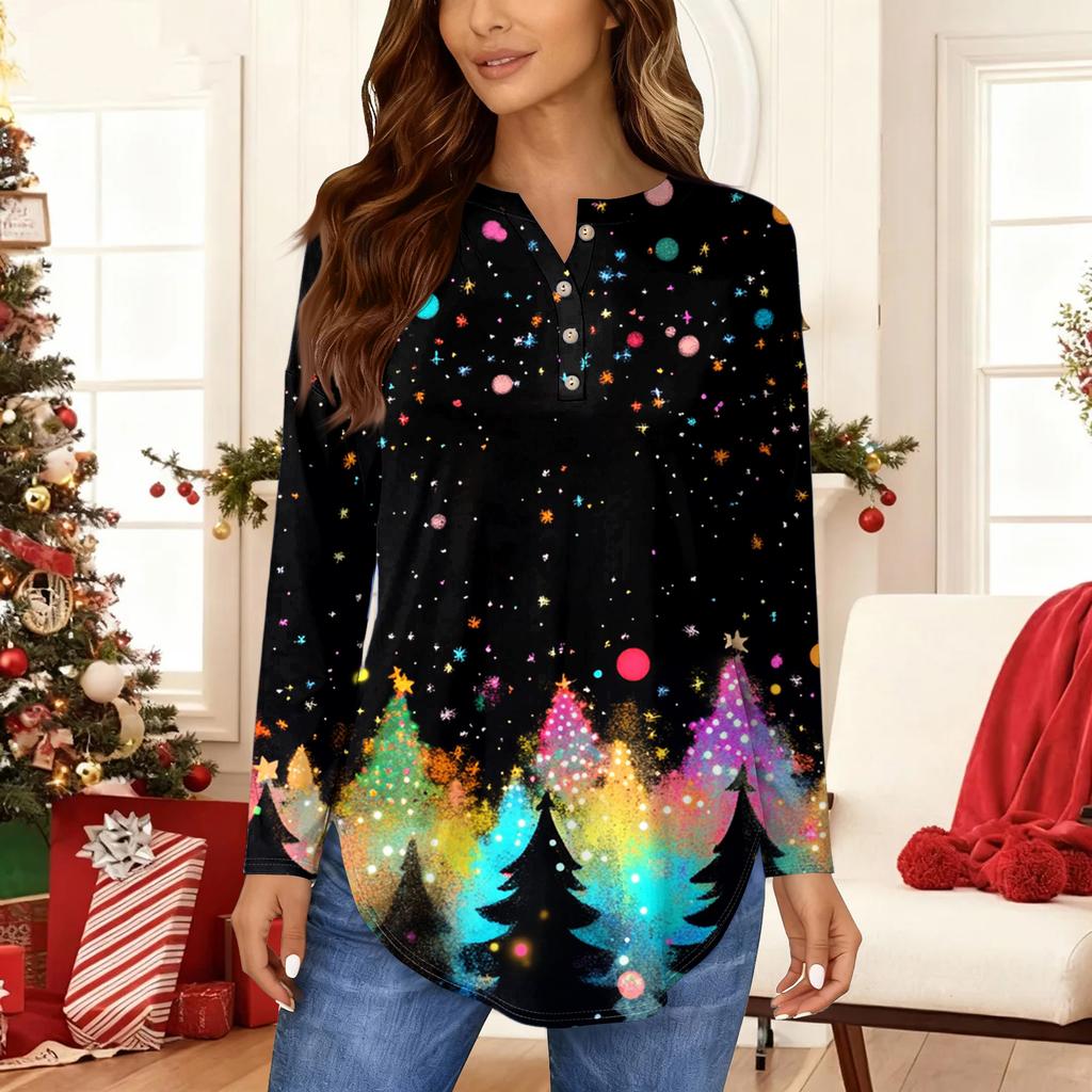Women's Fashionable Loose-Fit Button-Down Collar Christmas Print Long-Sleeved Top