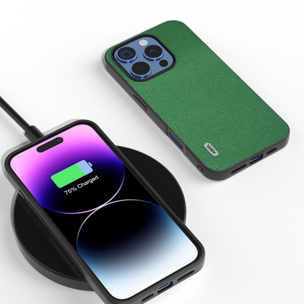 ABEEL For iPhone 16 Pro Case Litchi Texture Genuine Cow Leather+PC Phone Cover