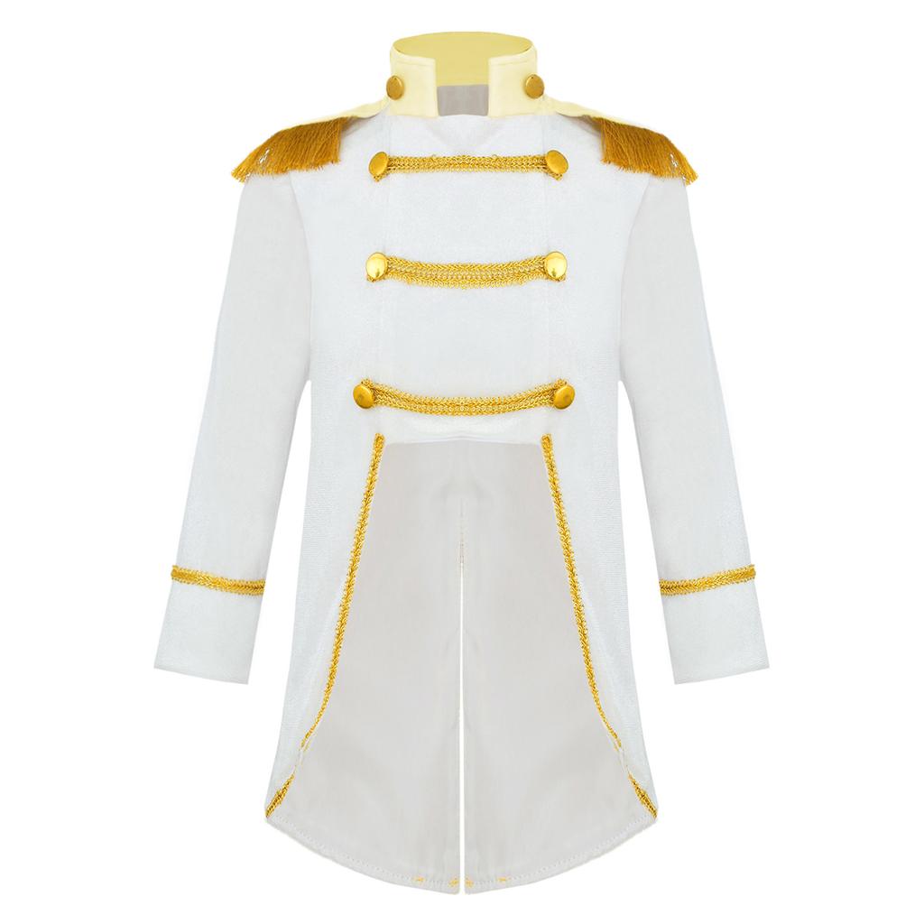 Boys Prince Costume Long Sleeve Gold Fringe Braiding Velvet Tailcoat Royal Court Style Outfit Head Accessory