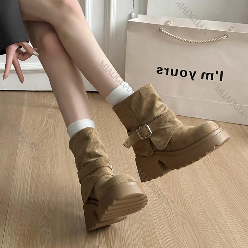 Fashion Western Short Boots Women 2025 Spring and Autumn New Retro Thick High Heels Shoes Platform Trouser Stacked Suede Ankle Boots
