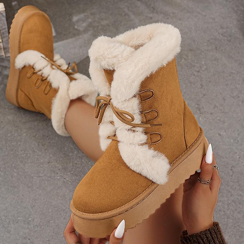 Women's Winter Warm Fur Snow Boots Lace Up Fluffy Plush Platform Ankle Boots for Women Thick Bottom Non Slip Cotton Padded Shoes