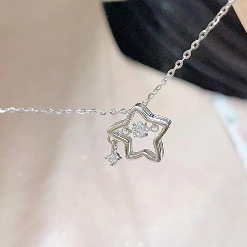 Girls Y2K Sweet Cool Star Rhinestone Necklace Geometric Silver Color Hollow Pentagram Pendant Necklace for Women