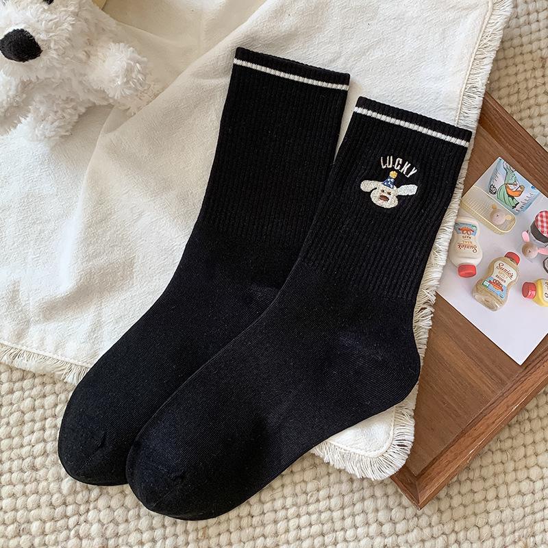 

Женские гольфы до середины икры в корейском стиле, полосатые с щенками - Высокая эластичность, универсальный осенний белый. One Size