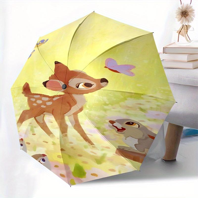 Bambi, Forest Friends Automatic Opening and Closing Umbrella - 8 Ribs Portable Folding Umbrella with Plastic Handle, Suitable for Leisure an