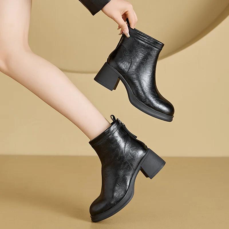 New 2024 Women Boots Women Genuine Leather Warm Plush Winter Boots High Heels Shoes Fashion Thick Heel Woman Ankle Boots