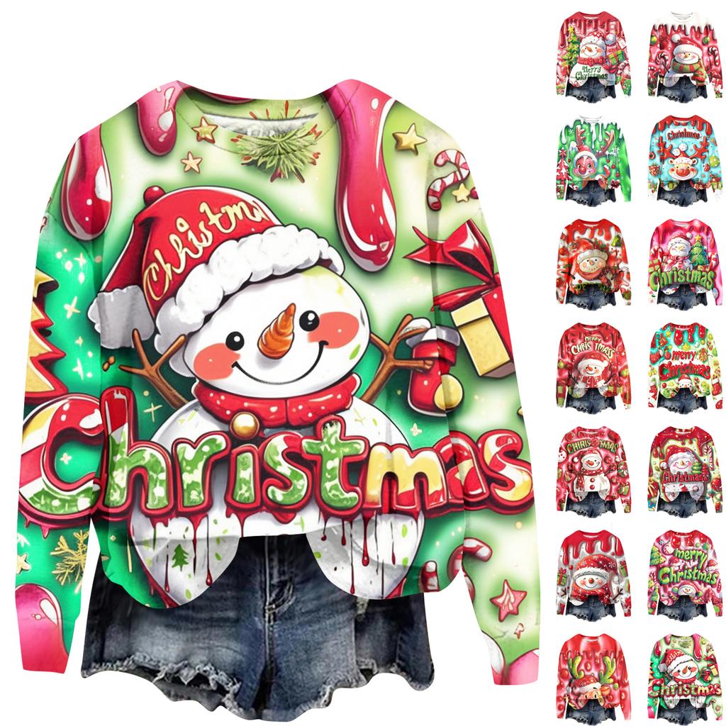 Ladies' Christmas Printed Long Sleeved Round Neck Hoodie Loose Top
