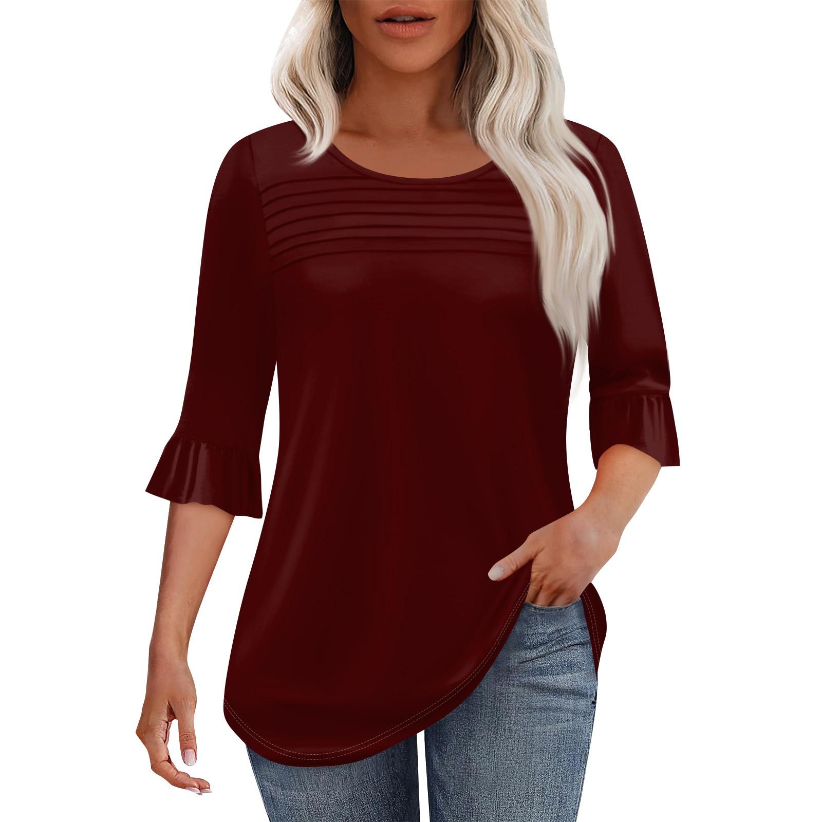 

Жіноча модна плісирована верхня частина з 3/4 рукавами та круглим вирізом XL