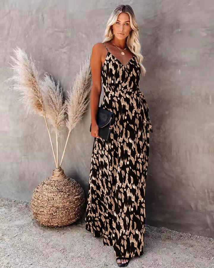 New European and American Women's Clothing Independent Station Dress with Split Suspenders and Sexy Printed Long Dress