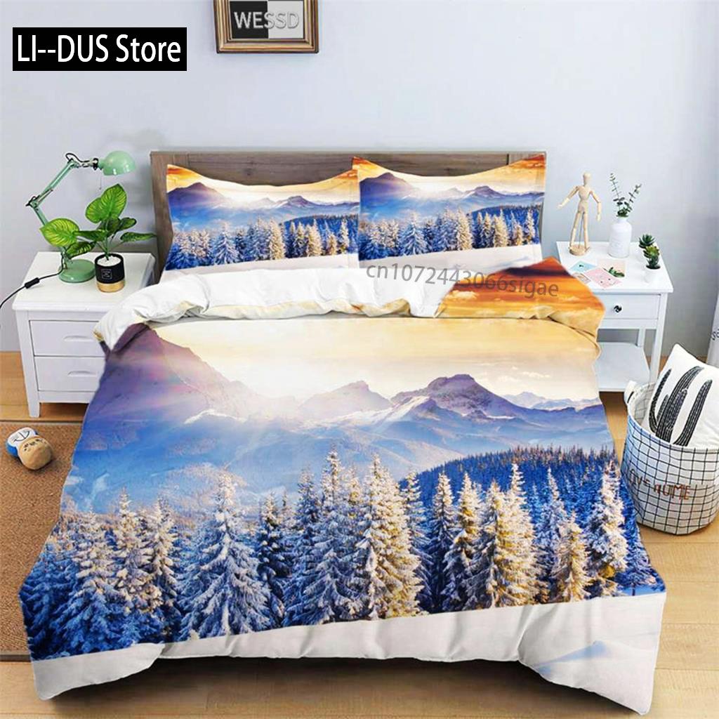 Snow Mountain Duvet Cover Set Polyester 3D Landscape Bedding Set For Teens Adults Ski Slope Winter Theme Queen Comforter Cover