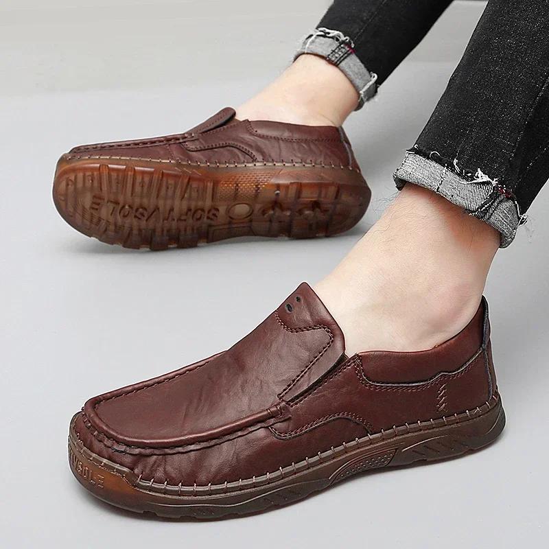 Fashion Men's Handmade Soft Leather Casual Shoes Comfortable Classic Lightweight Antiskid Durable Fashionable Flat Shoes