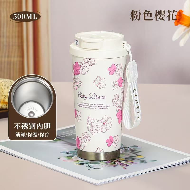2025 New Woman Flower Coffee Mug 500ml Stainless Steel Vacuum Flask Straw and Directly Drinking Insulated Tumbler  Thermal Cup