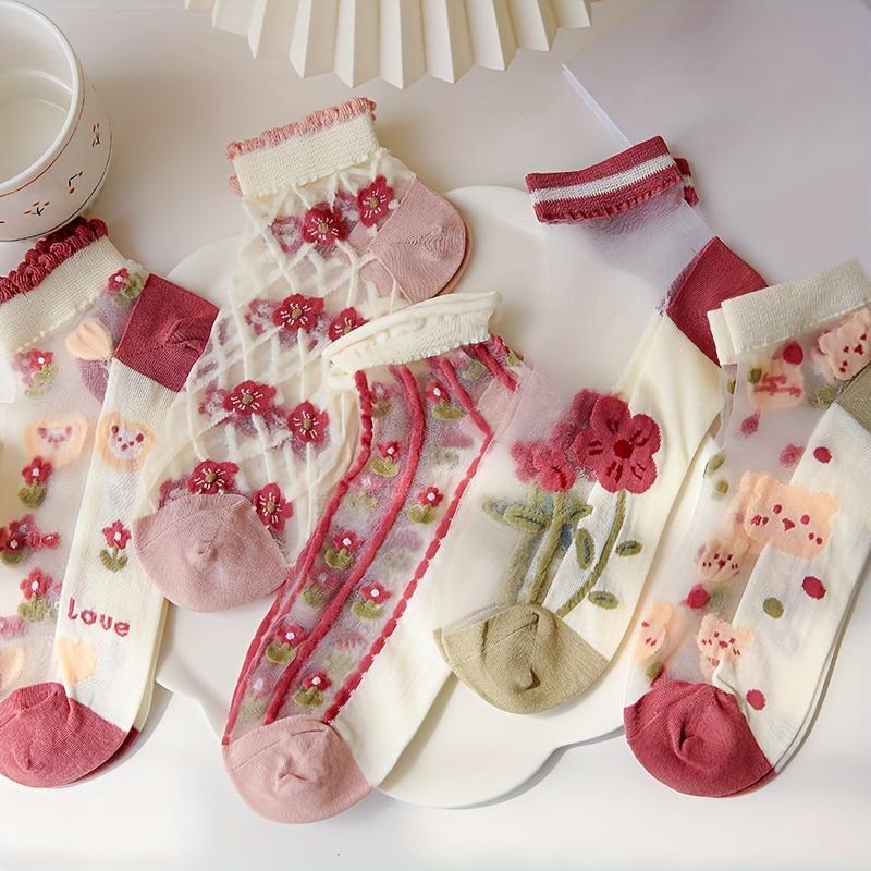 5 Pairs Spring And Summer Collection Adolescent Crystal Cute Little Bear Flower Glass Fiber Short Socks., for Teenager, For Teenager