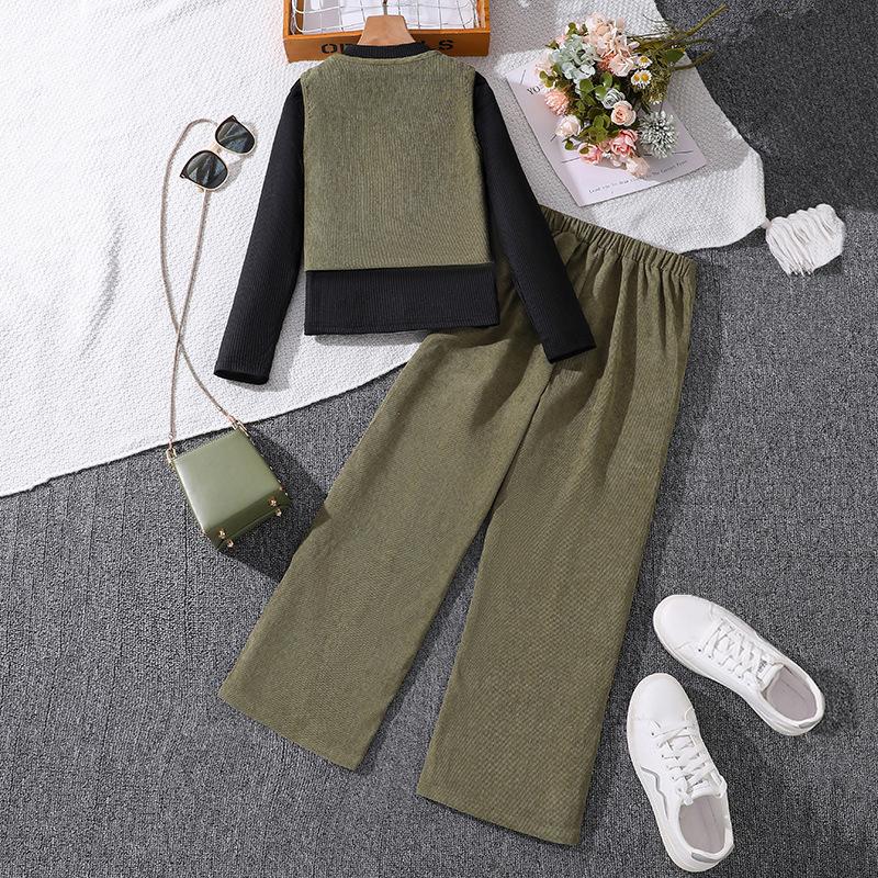 Children's Suit Autumn and Winter New Waistcoat Cardigan + Long-sleeved Knit Shirt + Trousers Girls 6-12Y Children's Clothing